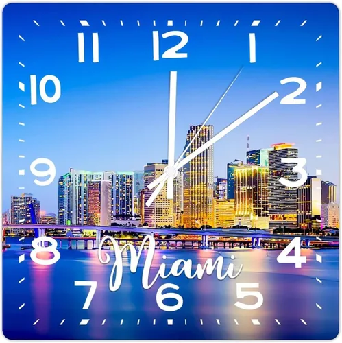 Reloj de pared American Florida State Miami City Skyline Paisaje urbano Vista de la ciudad Reloj clásico de madera sin tictac funciona con pilas,