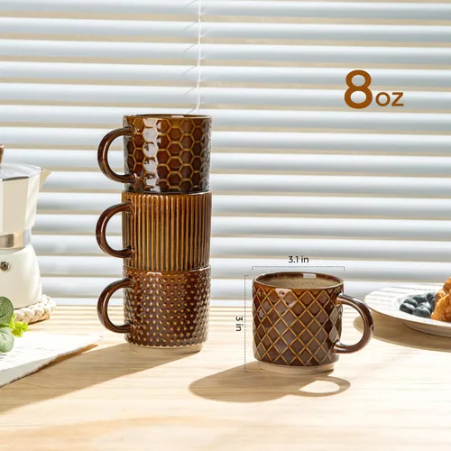 Miniatura 2 de GBhome Tazas de café apilables de 8 onzas, tazas de café de cerámica con patrones de textura para hombre, mujer, papá, mamá, juego de 4 tazas