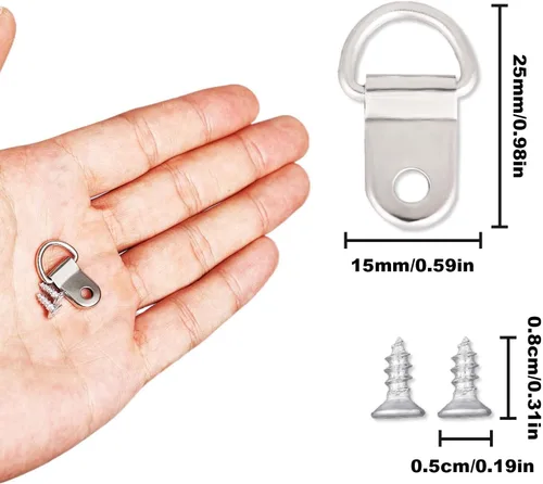 Miniatura 2 de Juego de 50 ganchos de anillos en D, resistentes y pequeños anillos en D con 50 tornillos chapados en níquel, marco de fotos, kit de alambre