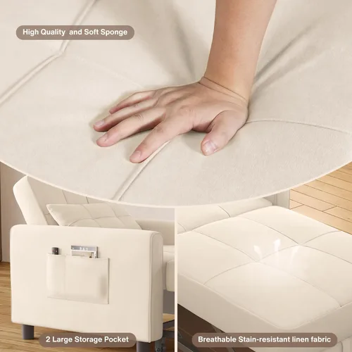 Miniatura 6 de Aiho - Silla de dormir convertible, sofá cama 3 en 1 con diseño ajustable, almohada y bolsillo - Cama plegable para apartamento (Beige)