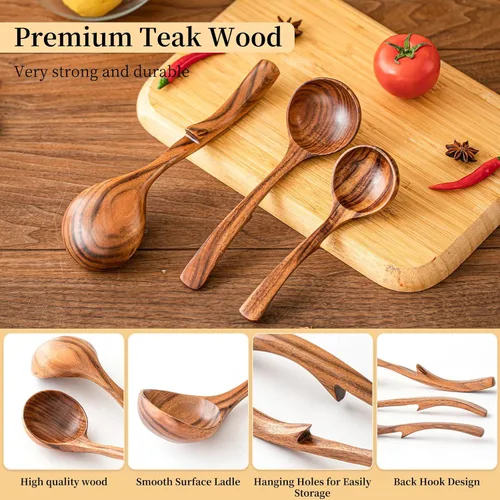 Miniatura 3 de Gudamaye Juego de cucharones de sopa de madera de 3 tamaños, 3 ganchos para tazón, olla. Cucharón de madera de teca natural, cucharón grande de sopa