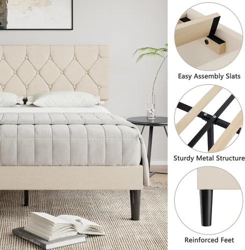 Miniatura 4 de VECELO Base de cama tamaño completo con cabecera capitoné con botones, plataforma tapizada con soporte de listones de madera, no necesita somier