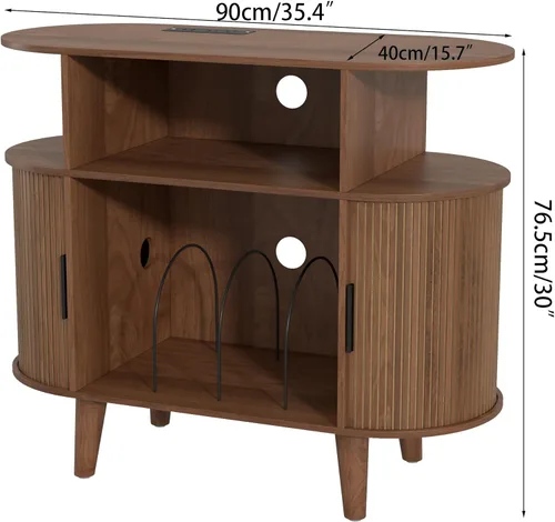 Miniatura 2 de LUVIOHOME Soporte redondo para tocadiscos, mesa de tocadiscos de mediados de siglo, estante para tocadiscos de vinilo con salida de corriente