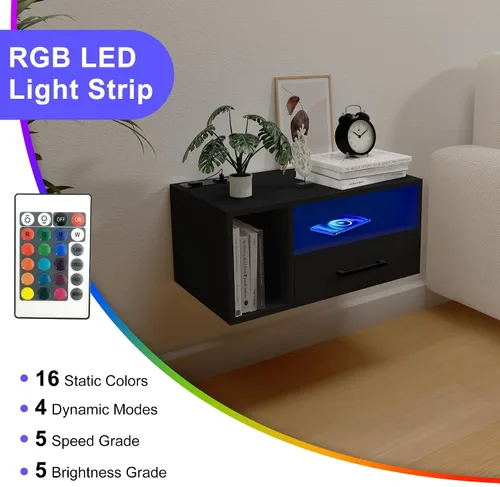 Miniatura 5 de Homaterial Mesita de noche flotante con estación de carga y luces LED, mesita de noche flotante con cajones, mesitas de noche montadas en la pared