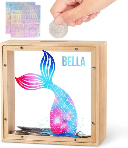 Miniatura 9 de Alcancía para niños, banco de monedas de madera para niños y niñas, dinosaurio unicornio alcancía con calcomanías de bricolaje para cumpleaños