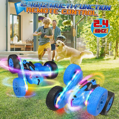 Miniatura 6 de Jimdella - Auto a control remoto con tira de luz lateral y faros, doble cara giratoria de 360 °, acrobacias todo terreno de 2.4 Ghz para edades de 4