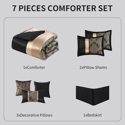 Miniatura 4 de SahSahCasa Juego de edredón de lujo de 7 piezas, cama en una bolsa, tamaño Queen, juego de ropa de cama jacquard sedoso y esponjoso con falda