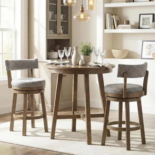 Miniatura 2 de COSTWAY Taburete de bar giratorio de 27 pulgadas, con respaldo acolchado y patas de madera de goma, silla de desayuno para isla de cocina