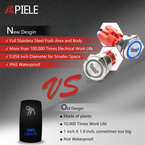 Miniatura 3 de APIELE Interruptor de botón de presión para barra de luz LED, encendido/apagado SPST, acero inoxidable, 10A, 12V, 24VDC, precableado, 19mm, 0.74