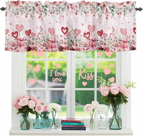 Miniatura 11 de Cenefa floral para ventanas, cortinas de clavel rojo y rosa, cenefas con bolsillo para barra, cenefa de ventana para primavera, vacaciones, día