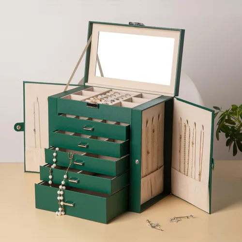 Miniatura 5 de Frebeauty Joyero grande, organizador de joyas de piel sintética de 6 niveles con cerradura, estuche de almacenamiento multifuncional con espejo