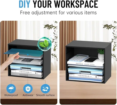 Miniatura 4 de Organizador de escritorio de madera de 5 niveles, organizador de bandeja de papel para escritorio con estantes de almacenamiento ajustables, Negro