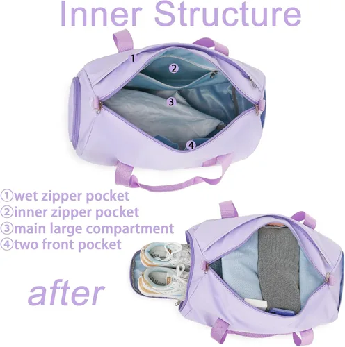 Miniatura 4 de Bolsa de viaje deportiva para gimnasio para hombres y mujeres con compartimento para zapatos, bolsillo húmedo, Púrpura (pure purple), Bolsa de lona