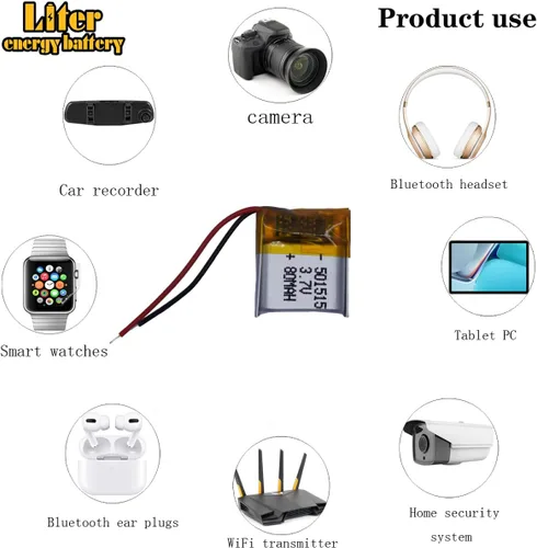 Miniatura 3 de 3.7V 501515 80mAh batería de iones de polímero de litio recargable batería de polímero con dos líneas