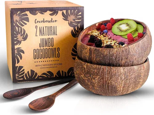 Juego de cuencos de coco con cucharas de madera – Regalos de Elefante Blanco para adultos, regalos de Navidad. Cuencos de acai ecológicos, cuencos