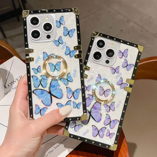 Miniatura 4 de Funda Rectangular de Lujo Femenina Compatible con iPhone 16 Pro Max Diseñada con Soporte de Anillo de Diamante con Función de Atril