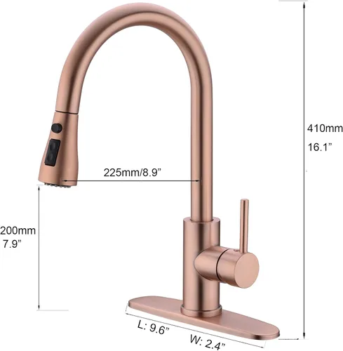 Miniatura 9 de Delle Rosa Grifo de cocina de cobre y oro rosa, montaje en cubierta, acero inoxidable 304, manija única, configuración de rociado de 3 vías, fácil
