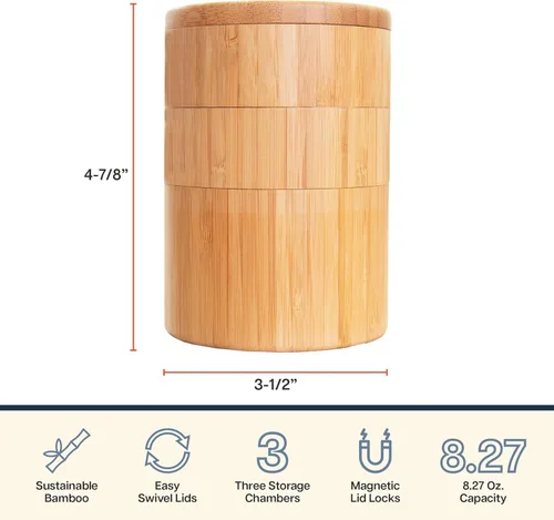 Miniatura 7 de Totally Bamboo Caja triple para sal – Caja de almacenamiento de bambú de 3 niveles para sal y pimienta con tapas giratorias magnéticas, soporte