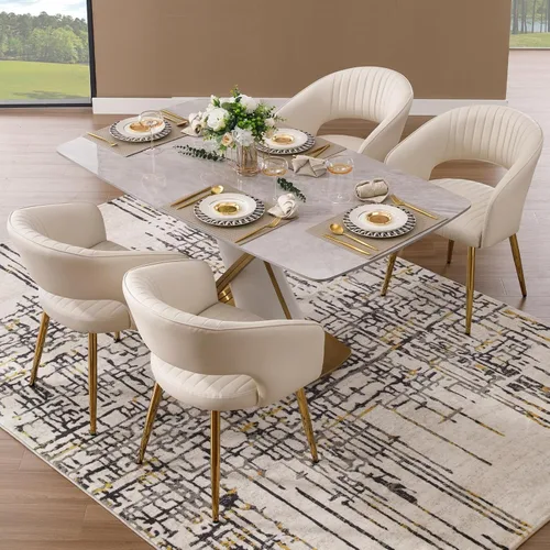 Miniatura 25 de Juego de 2 sillas de comedor modernas, tapizadas de piel sintética dorada con respaldo hueco, sillas de cocina con reposabrazos decorativos