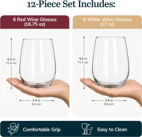 Miniatura 4 de Libbey Juego de 12 Copas de Vino sin Tallo, Aptas para Lavavajillas, Perfectas para Cócteles, Agua y Vajilla para Exteriores Rojo y blanco 12