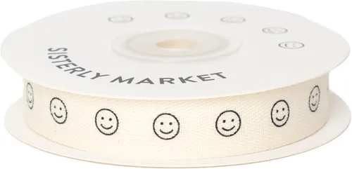 Miniatura 4 de Cinta de algodón de espiga personalizada, cinta de regalo natural de 5/8 pulgadas con impresión de cara sonriente, 10 yardas Caras sonrientes