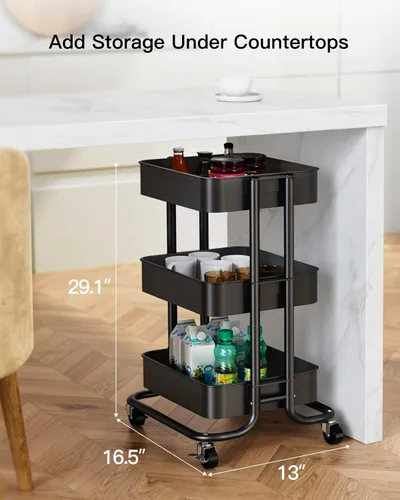 Miniatura 5 de Pipishell Carrito utilitario de metal de 3 niveles, carrito rodante de almacenamiento resistente con 2 ruedas bloqueables, carrito de organización