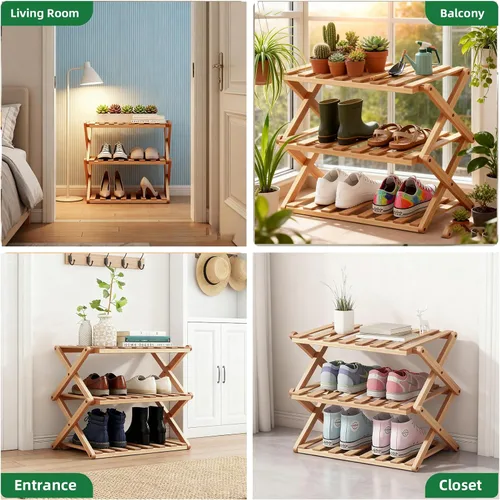 Miniatura 7 de Zapatero de bambú de 3 niveles, organizador plegable de almacenamiento de zapatos para armario, dormitorio, entrada y sala de estar, diseño portátil