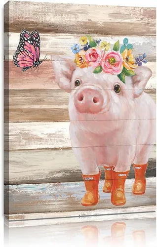 Divertidas imágenes de cerdito y cerdo mariposa rosa, arte de pared, decoración de pared de granja, lienzo de animales de granja, mural para