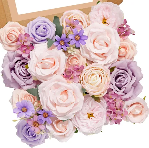 Miniatura 9 de Serwalin Flores de seda, flores artificiales burdeos para decoración de boda, rosas falsas rosas rosas y rojas con tallos y caja de vegetación, A