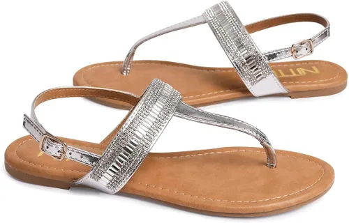 Miniatura 6 de NITTI Sandalias planas para mujer Correa en T con diamantes de imitación y hebilla de tobillo ajustable para mujer