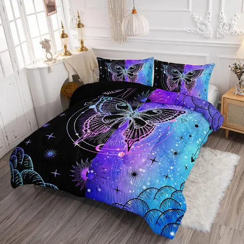 Miniatura 3 de Datura home Juego de edredón de mariposa negra y azul para niñas y mujeres, juego de ropa de cama bohemio con estampado de mandala de mariposa, sol