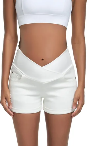 Miniatura 4 de HOFISH Women's Stretchy Maternity Jeans Shorts Over The Belly Denim Shorts Pants Comfy Workout Casual Pregnancy Shorts