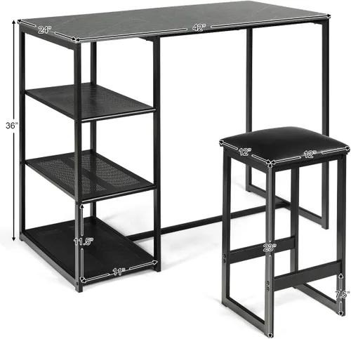 Miniatura 4 de COSTWAY Juego de comedor de 3 piezas, compacto de 2 sillas y juego de mesa, juego de cocina con mármol sintético rectangular, 3 estantes