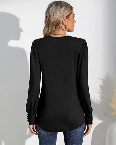 Miniatura 2 de Riyiper 2 piezas de camisetas de manga larga abombadas para mujer, estilo casual, holgadas, cuello redondo, puños con botón