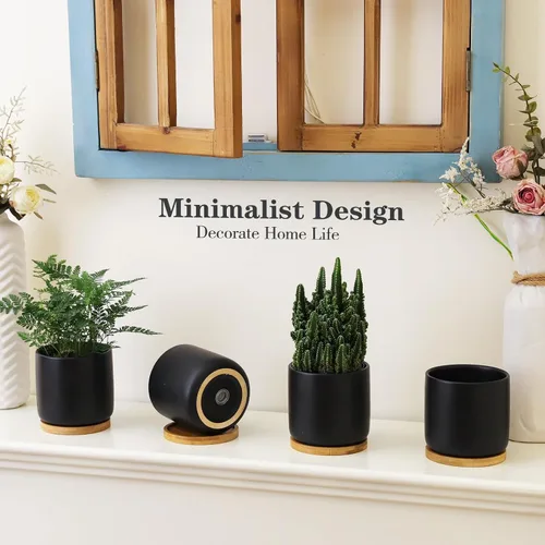 Miniatura 4 de Macetas de cerámica de 4 pulgadas con agujeros de drenaje, adorable maceta con bandeja para plantas de interior, suculentas, plantas de serpiente