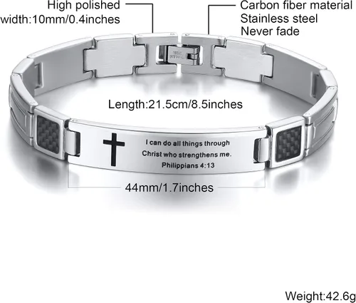 Miniatura 2 de MEALGUET Pulsera religiosa de acero inoxidable con cita religiosa de la fe cristiana versículo de la Biblia inspiradora Cruz de fibra de carbono
