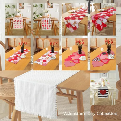 Miniatura 7 de Camino de mesa para el día de San Valentín, decoración del día de San Valentín, 70 pulgadas de largo, bordado rojo y rosa, camino de mesa de corazón