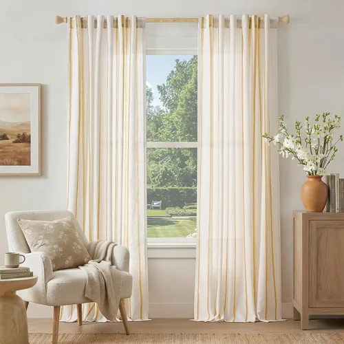 Miniatura 26 de Vangao Cortinas de lino a rayas para sala de estar, dormitorio, casa rural con estampado de rayas de tictac, cortinas impresas con ojales