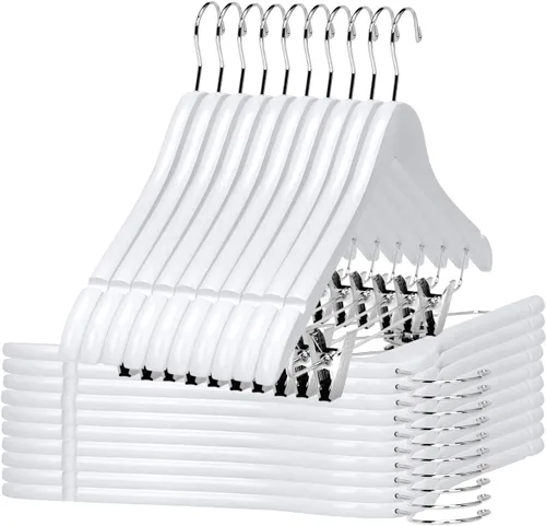 Miniatura 10 de Perchas de madera de calidad para faldas con clips, paquete de 20 perchas de nogal para pantalones con clips de metal dorado ajustables, gancho