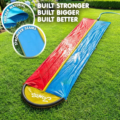 Miniatura 7 de JAMBO Tobogán acuático de doble carril de 22.5 pies con 2 tablas de bodyboard con rociador integrado para diversión acuática en el patio trasero al