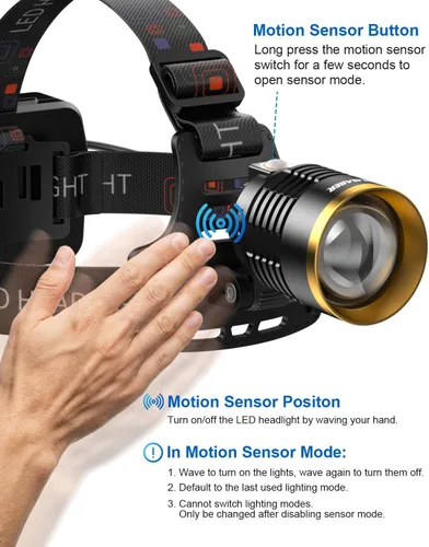 Miniatura 5 de Linterna frontal LED recargable, 1000 lúmenes, súper brillante, con sensor de movimiento y luz doble, luz frontal impermeable con zoom de 90°