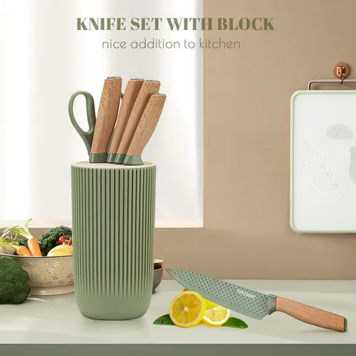 Miniatura 4 de Juego de cuchillos de cocina, 6 piezas, juego de cuchillos profesionales verdes con bloque de cuchillos universal, juego de cuchillos súper afilados