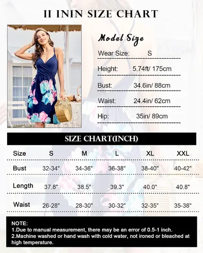 Miniatura 5 de II ININ vestido de verano con cuello en V, para mujer, estilo informal, de tubo, floralliso, con tirantes delgados, vuelos y bolsillos