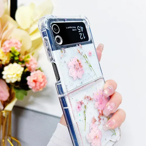 Miniatura 5 de Compatible con Samsung Galaxy Flip 4, funda transparente con flores secas prensadas, para mujeres y niñas, TPU suave a prueba de golpes, funda
