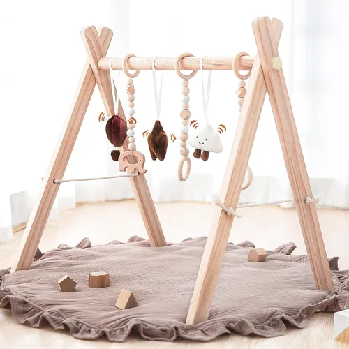 Razee Alfombra de madera para jugar al gimnasio, gimnasio plegable para bebés con 6 juguetes sensoriales colgantes para regalo de despedida de