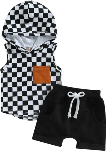 Miniatura 29 de Conjunto de ropa de verano para bebé niño y niño, diseño a cuadros, manga corta, sudadera con capucha y pantalones cortos casuales