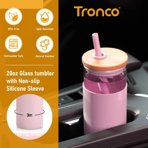 Miniatura 3 de Tronco - Vaso de vidrio de 20 onzas, botella de agua con pajilla, funda protectora de silicona y tapa de bambú, sin bisfenol A, ámbar, 8