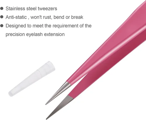 Miniatura 3 de Hotop 2 Piezas Pinzas de punta recta y curva para extensiones de pestañas, Herramientas de aplicación de pestañas postizas de acero inoxidable rosa.