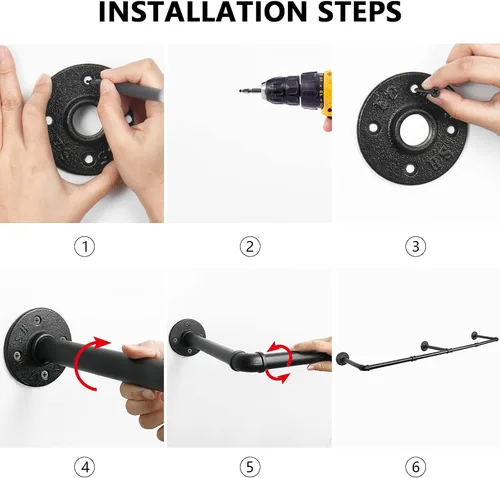 Miniatura 7 de Barra Industrial de Tubo de Hierro para Colgar Ropa DIY Perchero de Pared para Ropa Resistente para Dormitorio, Cuarto de Lavandería, Almacenamiento