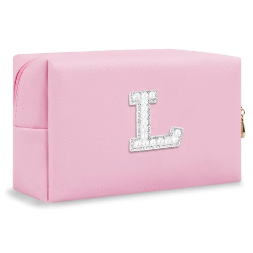 Miniatura 278 de Pequeña bolsa de maquillaje personalizada con inicial A-Z Preppy Patch, bolsa de cosméticos de viaje de felpilla blanca con cremallera, bonita bolsa